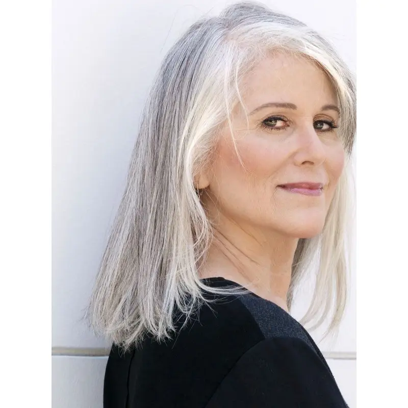 14" Shoulder Length Straight Mature Women Wigs Hand Tied Grey