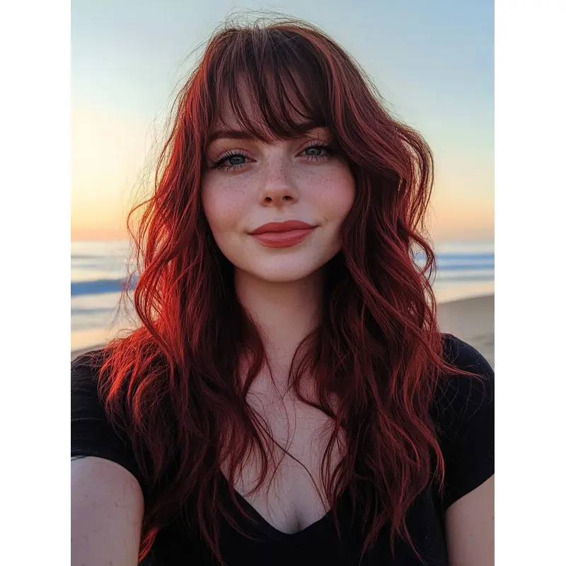 Long Red Hair Wigs Synthetic With Bangs Wavy Monofilament Wigs