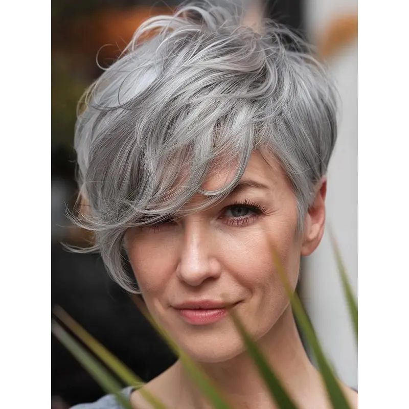 Short Grey Hair Wig 6" With Bangs Wavy Monofilament Wigs