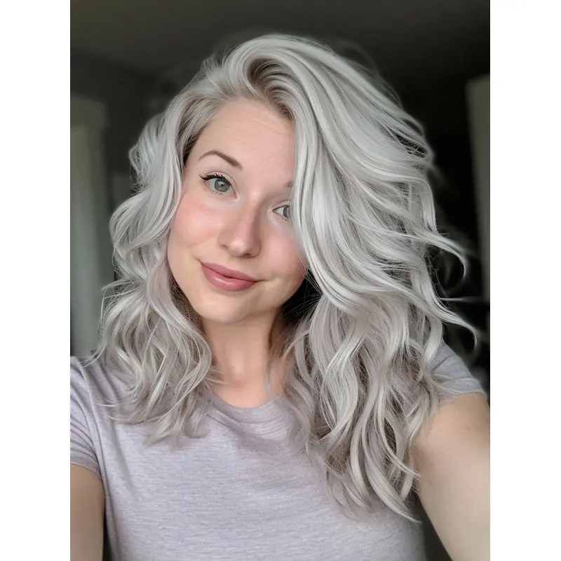 Ladies Silver Grey Wigs Lace Front Long Wavy Remy Human Hair Wigs