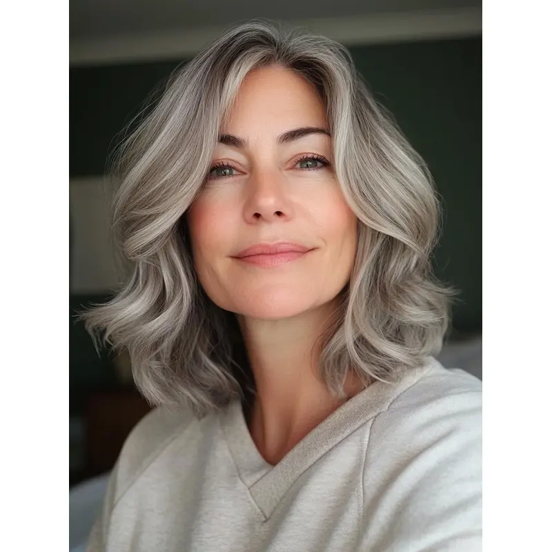 Medium Length Grey Hair Wigs Remy Human Hair 12" Monofilament Bobs Wigs