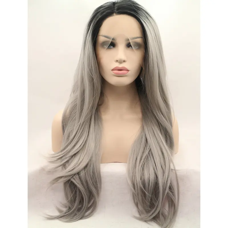 Synthetic Grey 27" Straight Lace Front Layered Long Wigs