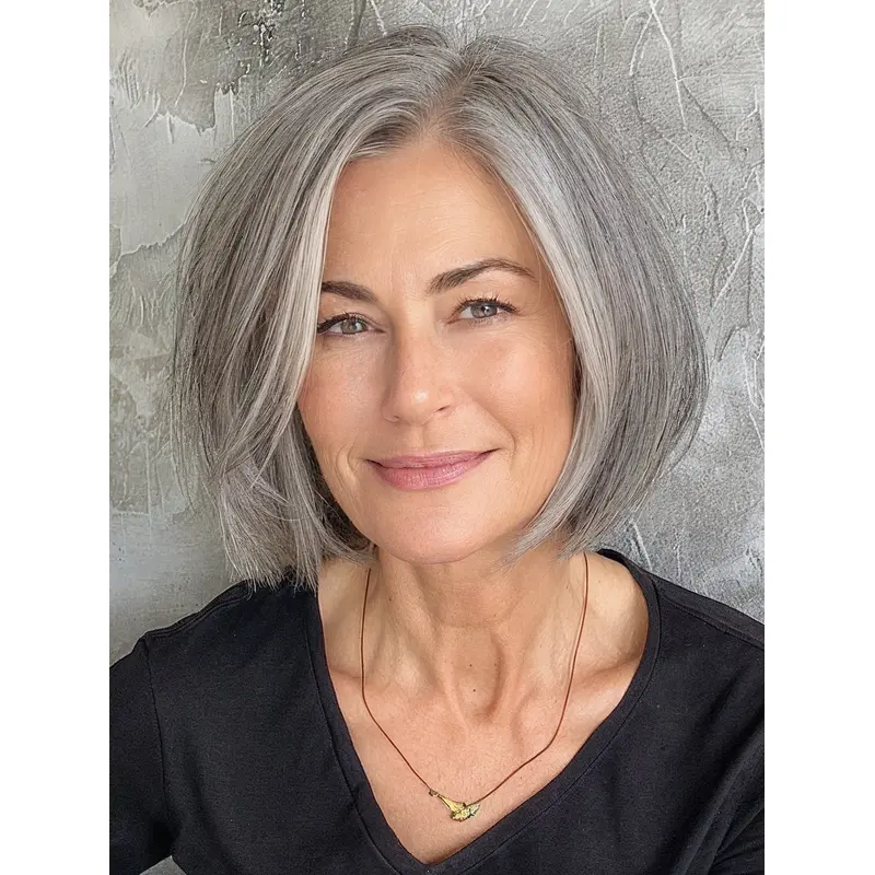 Wigs Grey Lace Front Straight Remy Human Hair Bobs Wigs