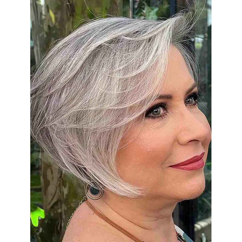 Short Grey Human Hair Wigs Monofilament 6" Straight Wigs