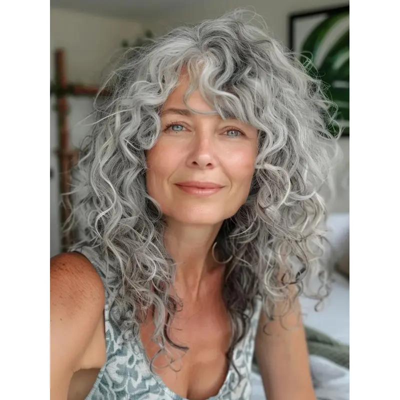 Silver Grey Human Hair Wigs 16" Curly Long Lace Front Wigs