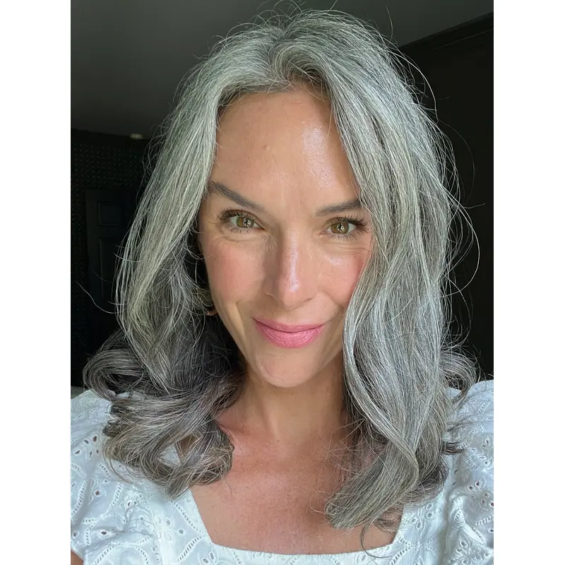 Silver Grey Human Hair Wigs Layered Lace Front Long Wavy Wigs