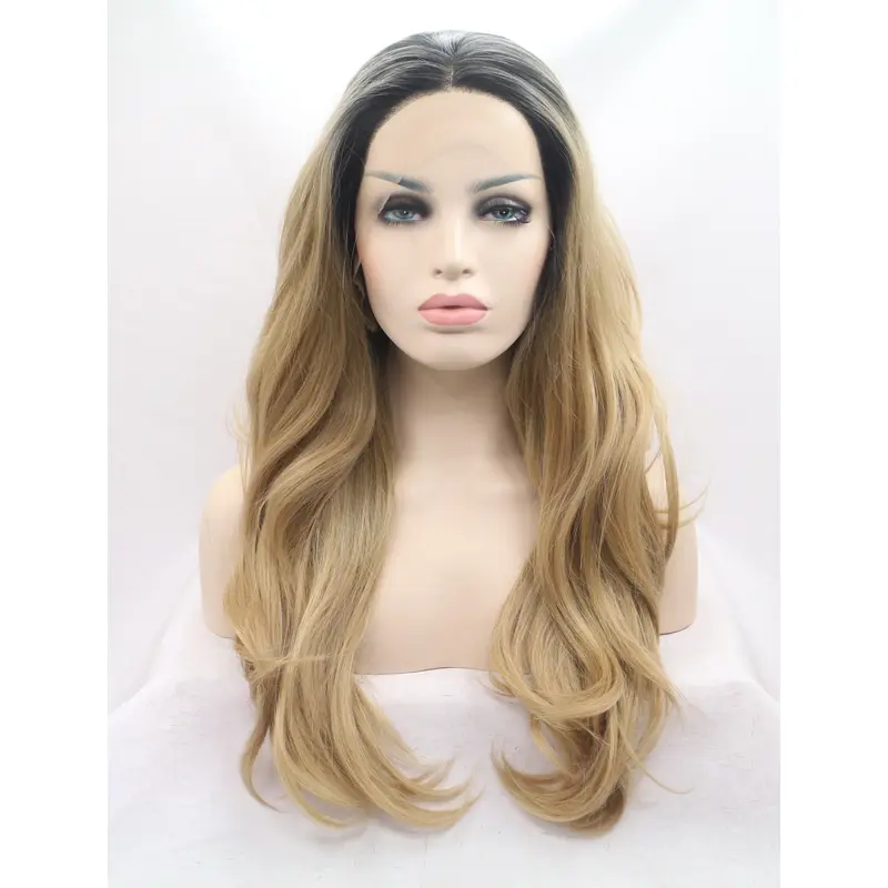 Synthetic Ombre/2 Tone 25" Wavy Lace Front Without Bangs Long Wigs