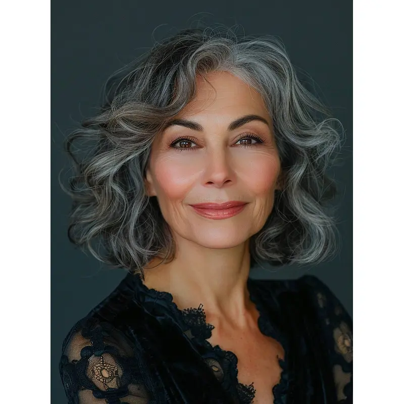 Wig Grey Hair Wavy Bobs 12" Lace Front Shoulder Length Synthetic Wigs