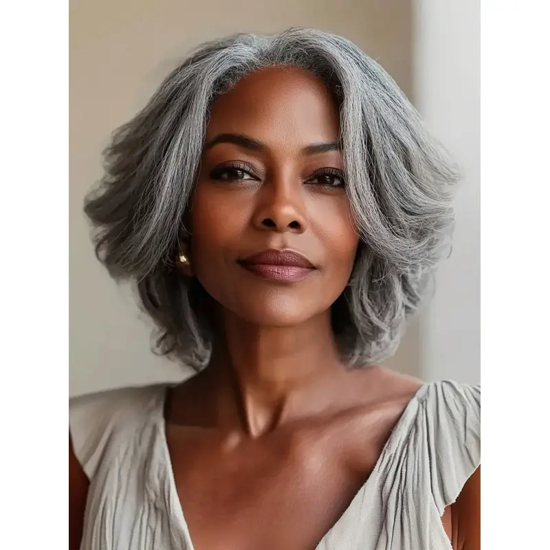 Gray African American Wigs Layered Chin Length Wavy Wigs