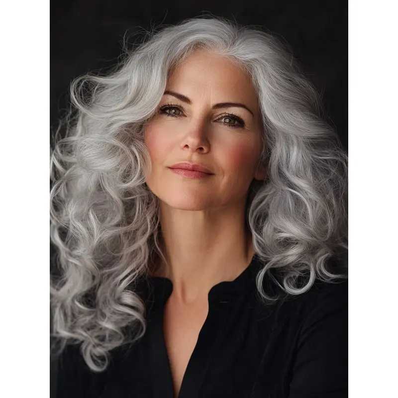 Human Hair Grey Wigs Layered Lace Front Long Curly Wigs