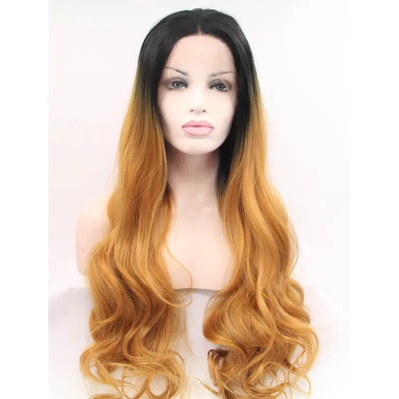 28" Curly Ombre/2 Tone Without Bangs Synthetic Long Lace Front Wigs