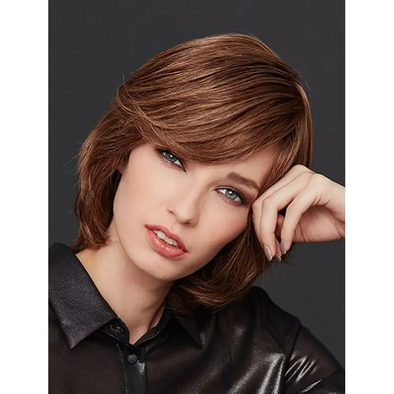 Chin Length Straight Monofilament Brown With Bangs Women Wig Medium