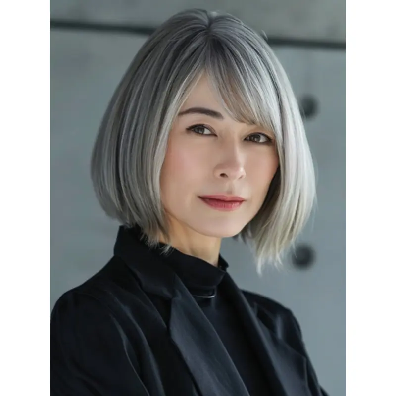 Grey Human Hair Wig Bobs Lace Front Chin Length Straight Wigs