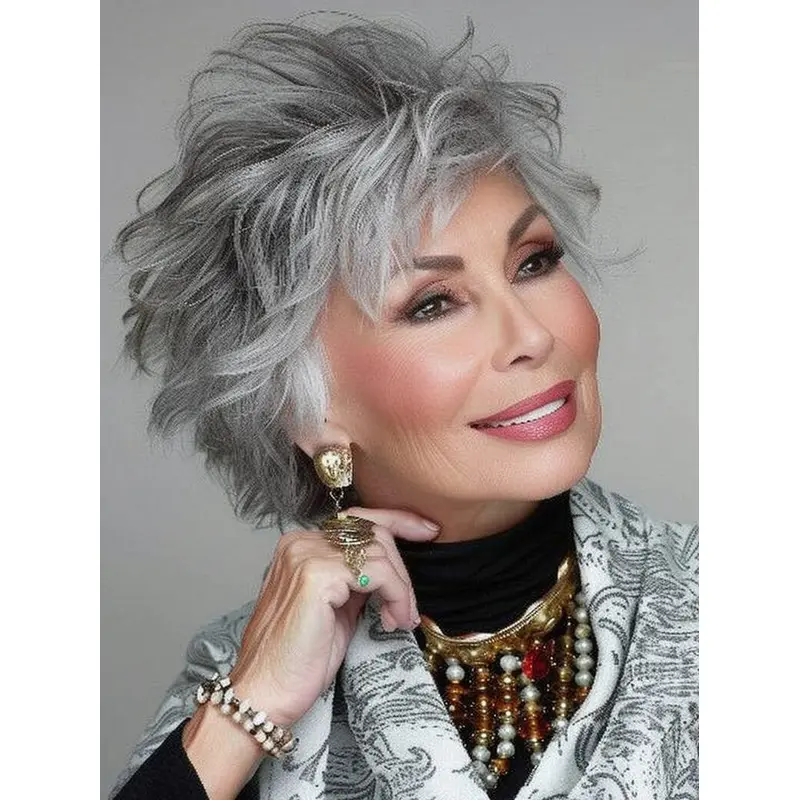 Silver Grey Human Hair Wigs With Bangs Wavy Lace Front Wigs
