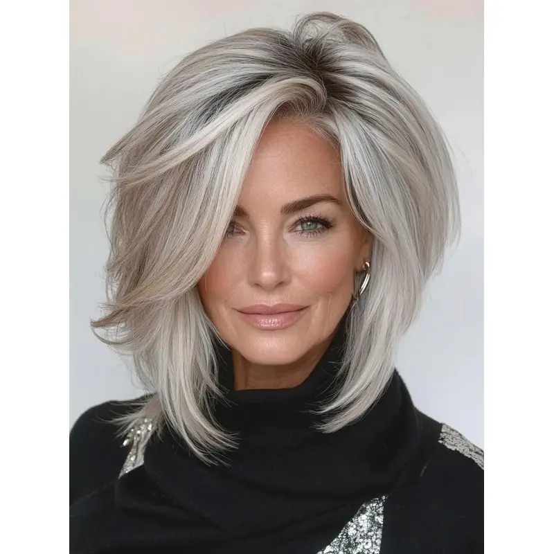 Grey Bob Wigs Straight Remy Human Hair Lace Front 14" Shoulder Length Wigs