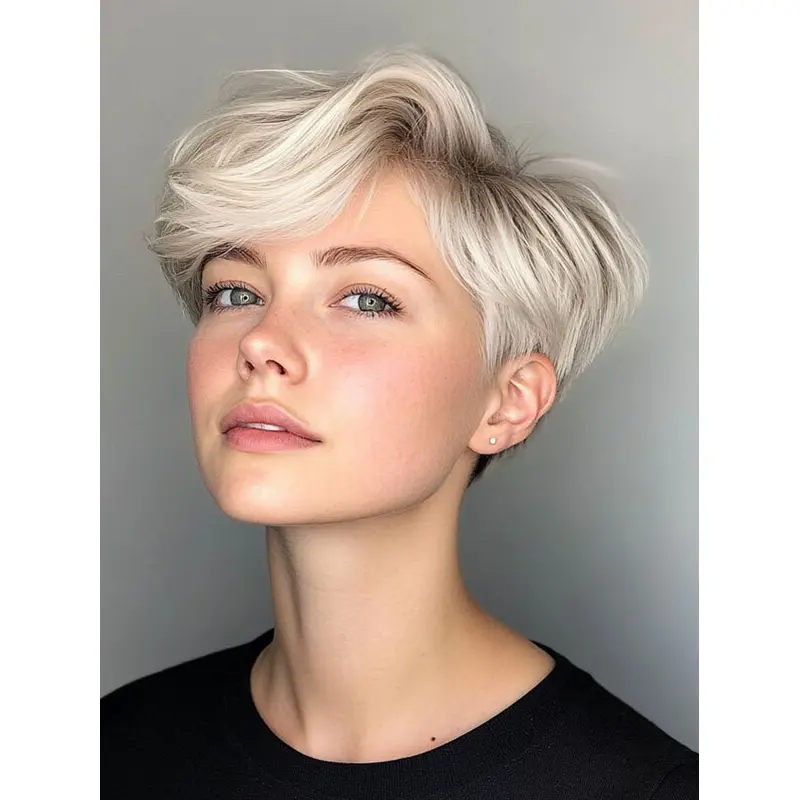 Real Hair Short Wigs Silver Straight Monofilament 6" Boycuts Wigs