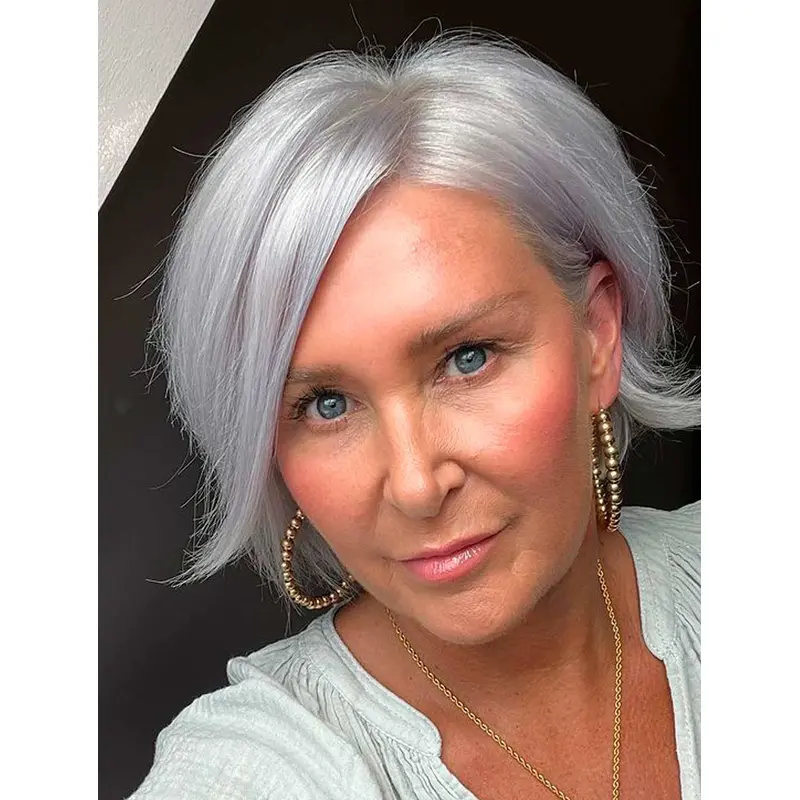 Short Gray Wigs Synthetic Without Bangs Lace Wig Straight Side-Swept Short Wigs