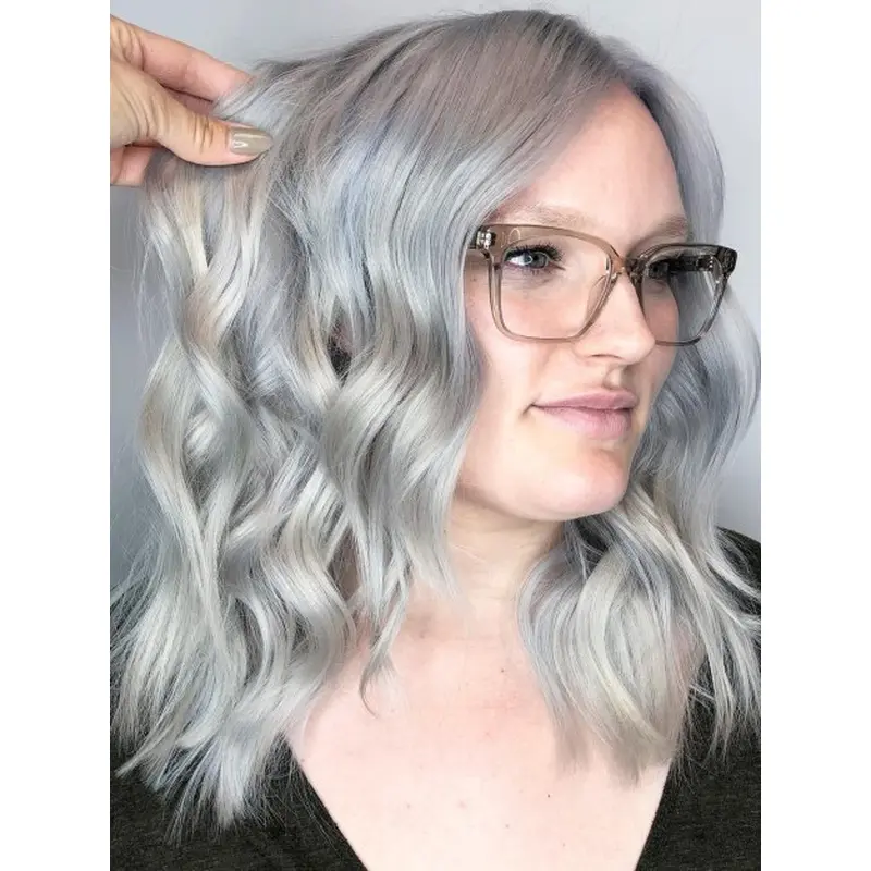 Silver Grey Human Hair Wigs Long Layered Monofilament 16" Wavy Wigs