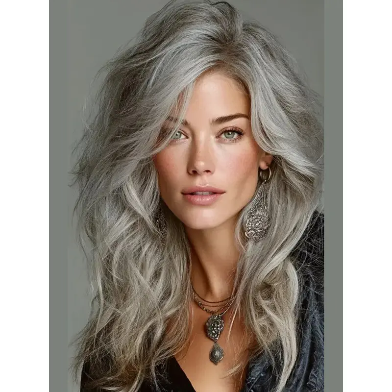 Silver Grey Long Wig Synthetic Monofilament 18" Wavy Wigs