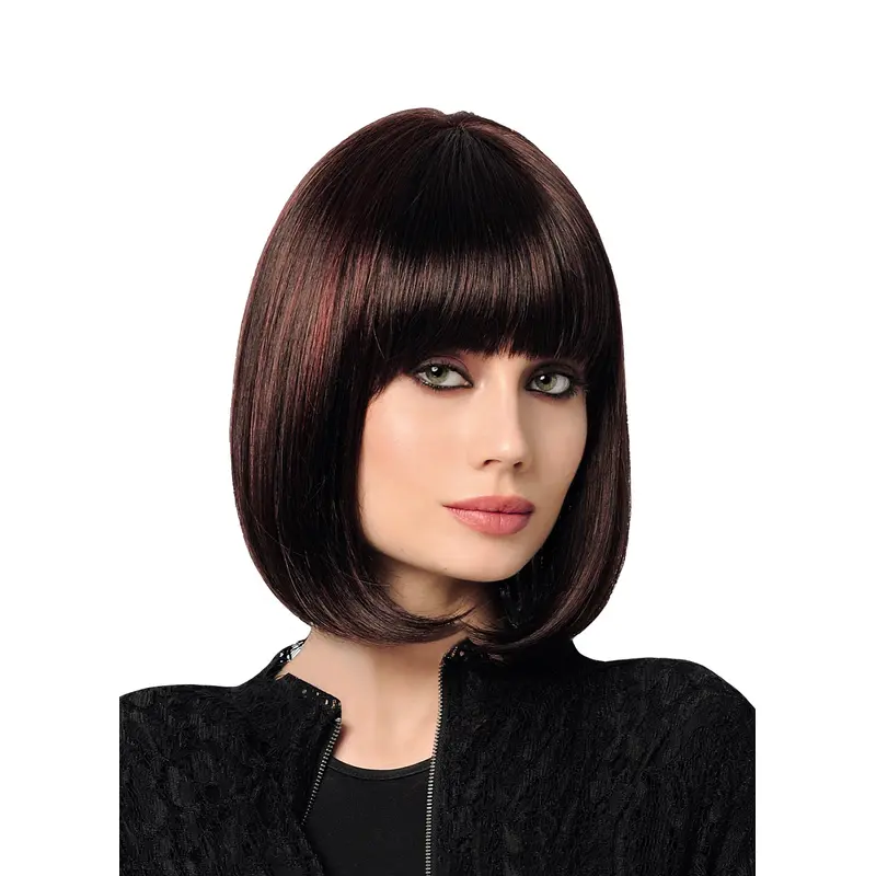 12" Chin Length Black With Highlights Bobs Synthetic Affordable Monofilament Wigs