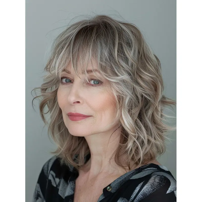 Grey Hair Wig With Bangs Shoulder Length Wavy 12" Monofilament Synthetic Wigs
