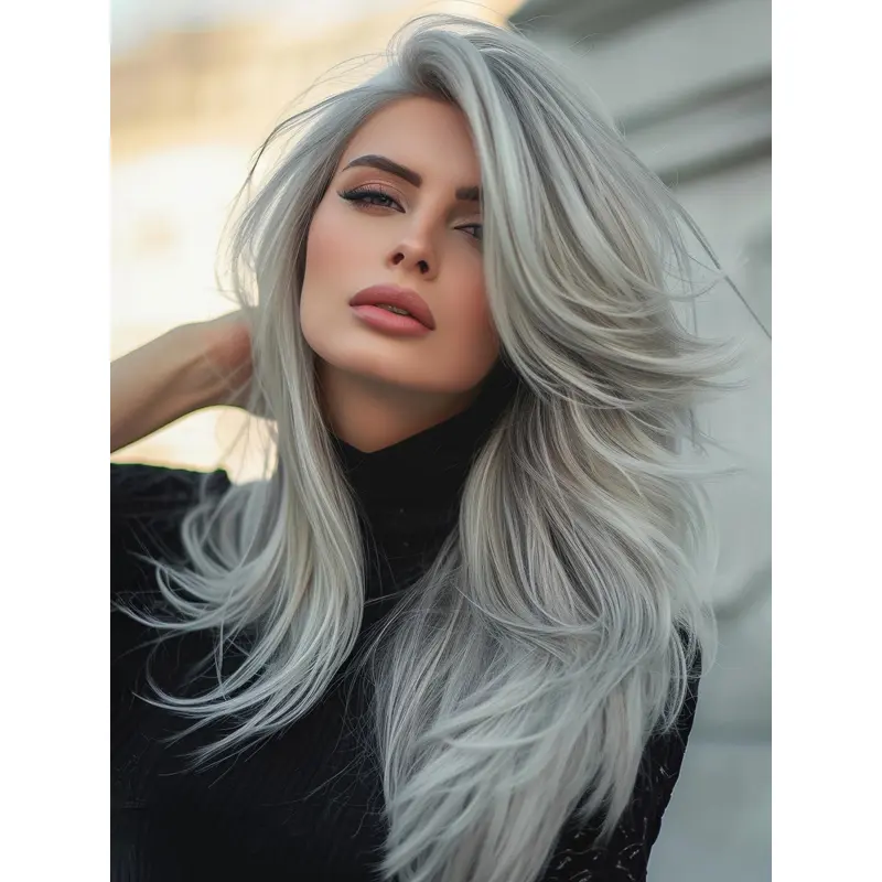 Grey Hair Wigs Lace Front Long Wavy Remy Human Hair Wigs