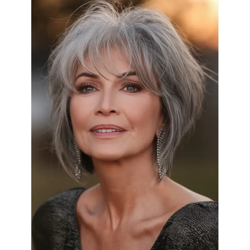 Grey Pixie Wig Monofilament With Bangs 8" Straight Wigs