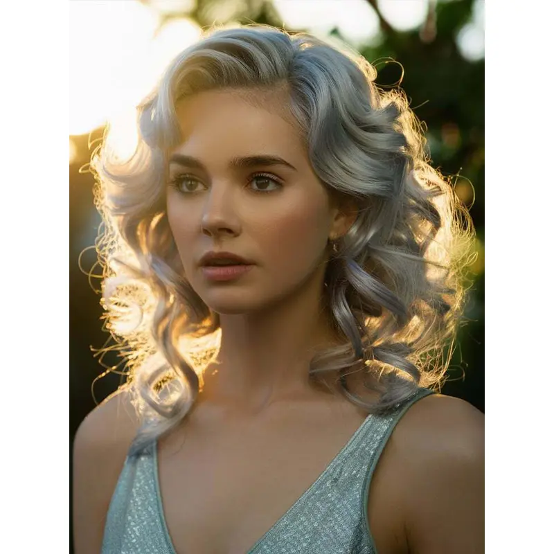 Silver Grey Hair Wig Without Bangs 12" Curly Remy Human Hair Wigs