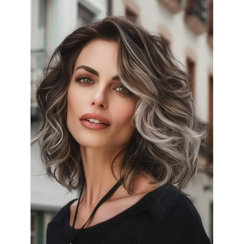 Black And Grey Wig Monofilament Shoulder Length Synthetic Bobs 12" Wavy Wigs