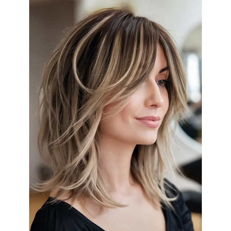 Ladies Medium Length Real Hair Wigs Monofilament 12" Wavy Layered Wigs