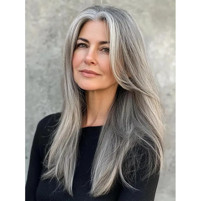 Long Grey Wig With Bangs Remy Human Hair 20" Monofilament Wigs