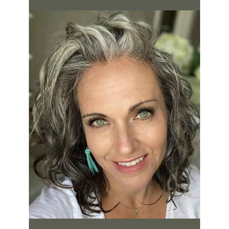 Old Woman Grey Wig Layered Monofilament Remy Human Hair Wavy Wigs