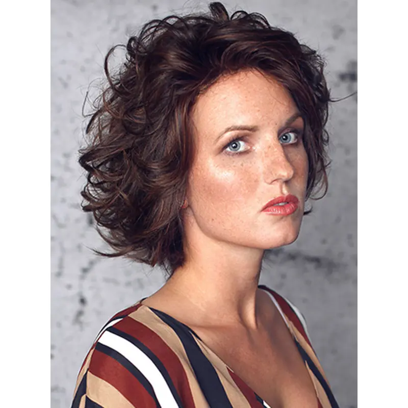 10" Curly Chin Length Brown Synthetic Layered 100% Hand-Tied Wigs