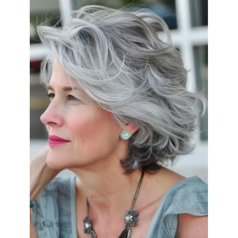 Grey Lace Front Wig Bob 10" Chin Length Wavy Wigs