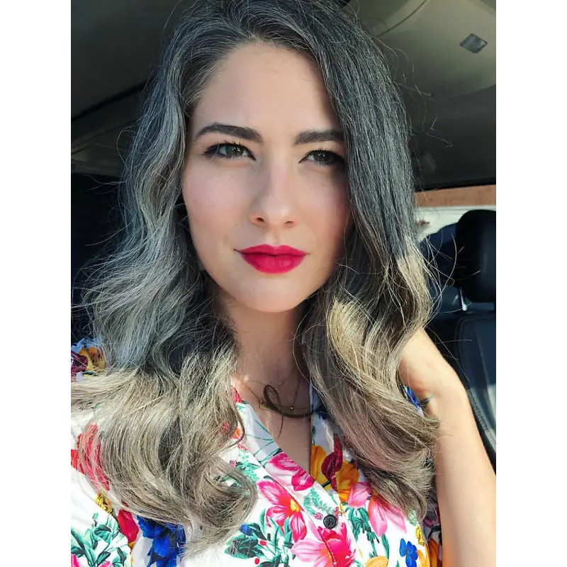 Long Silver Grey Wig 16" Without Bangs Wavy Remy Human Hair Wigs