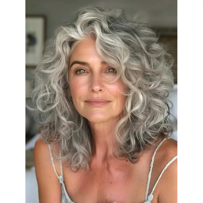 Curly Grey Wig Human Hair Lace Front 14" Shoulder Length Layered Wigs