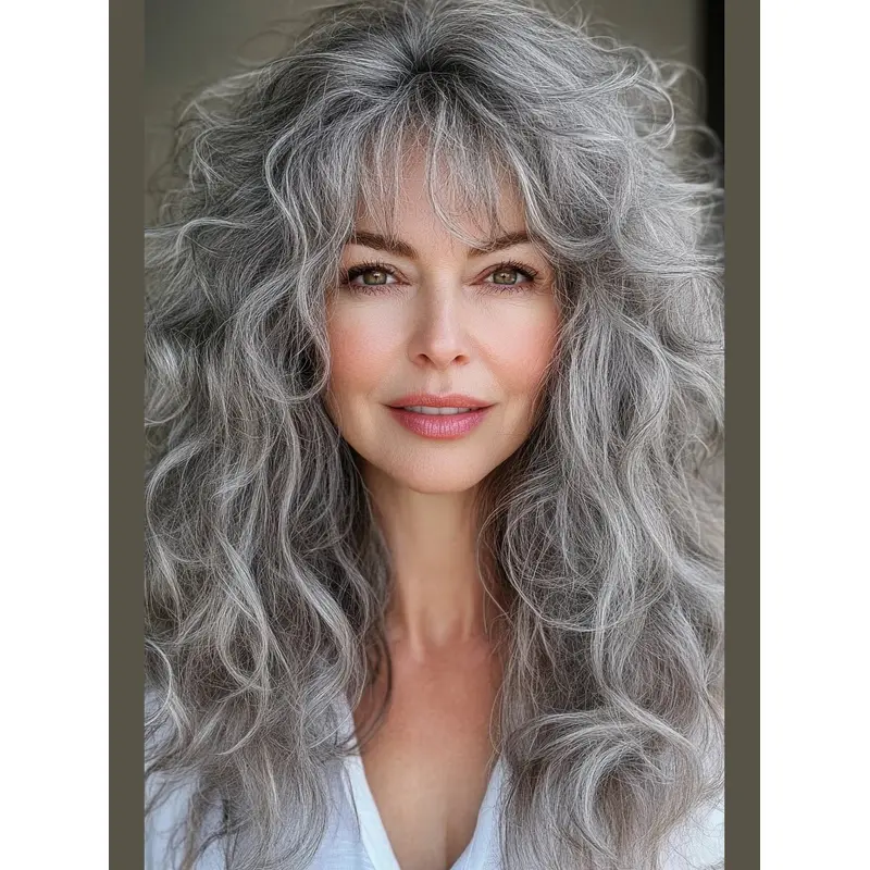 Grey Long Hair Wig 16" Curly Remy Human Hair With Bangs Wigs