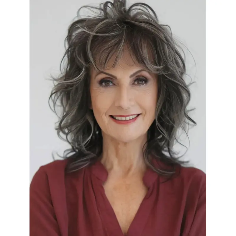 Grey Wigs With Bangs Synthetic Shoulder Length Monofilament 14" Wavy Wigs