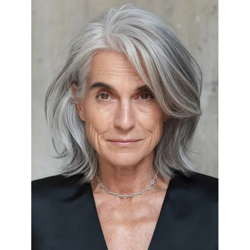 Grey Lacefront Wig Synthetic Straight Layered Shoulder Length Wigs