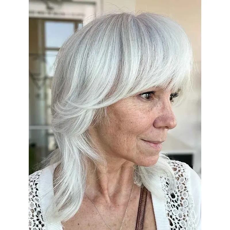 Human Grey Hair Wigs 14" With Bangs Lace Front Straight Shoulder Length Wigs