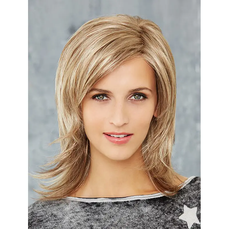 Straight 14" Blonde Shoulder Length Synthetic Layered Newest Mono Wigs