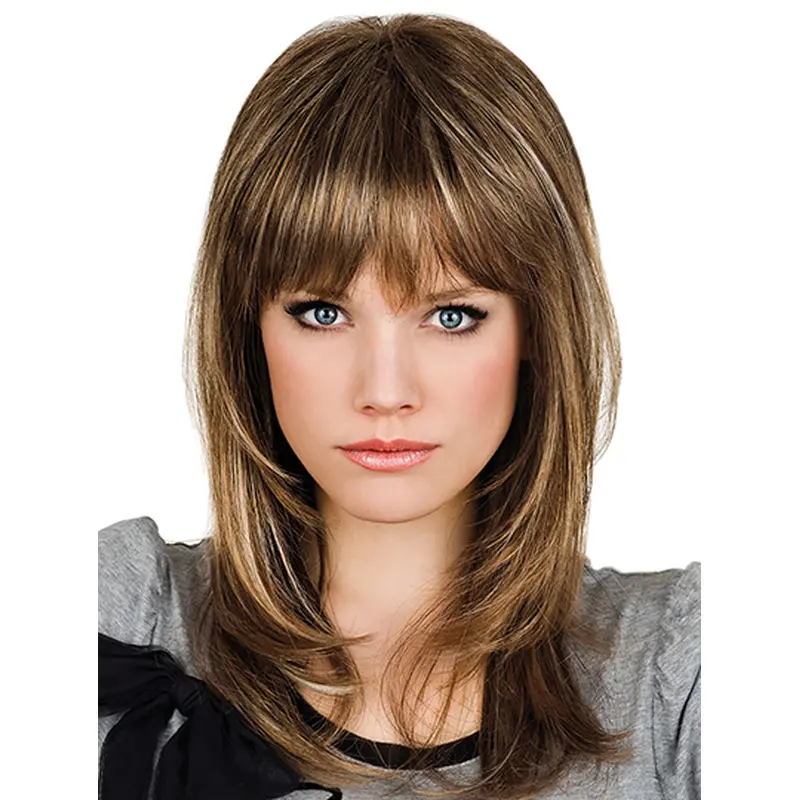 Brown With Bangs Synthetic 14" Straight Best Medium Wigs