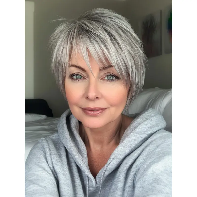 Human Hair Silver Grey Wigs With Bangs Lace Front Short Straight Wigs