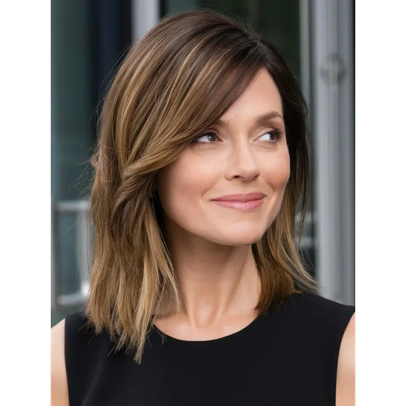 Mid Length Human Hair Wigs Lace Front 12" Straight With Bangs Wigs