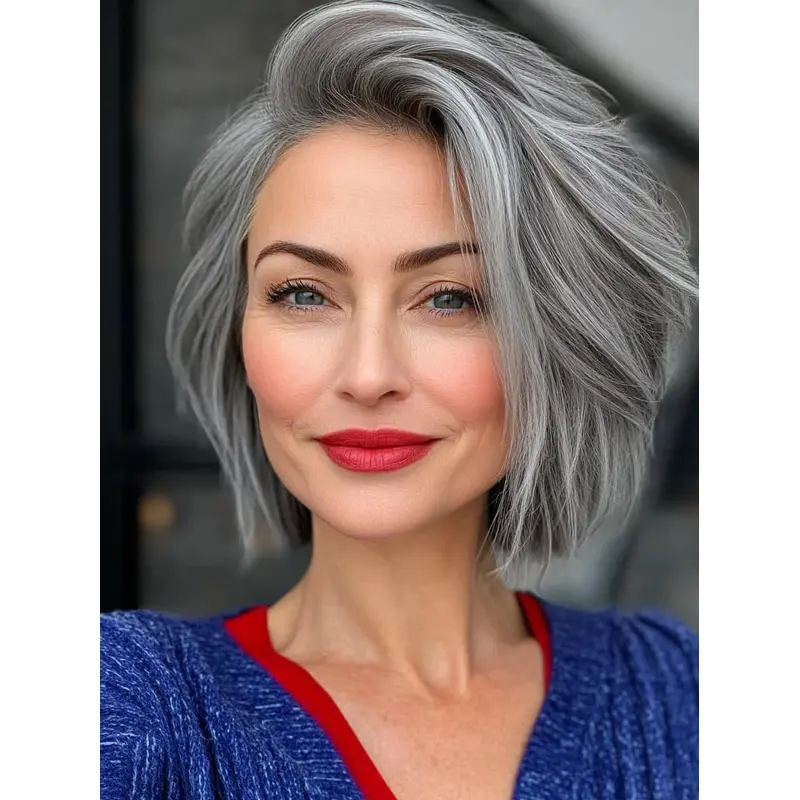 Silver Grey Lace Front Wig Synthetic Wavy Layered Chin Length Wigs