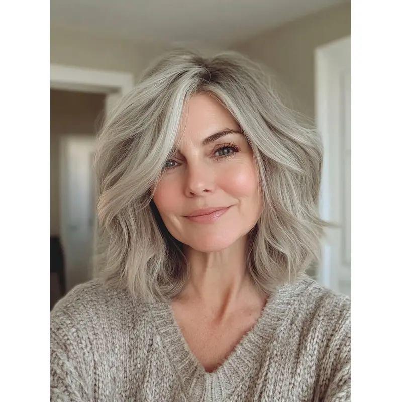Wigs Silver Grey 14" Synthetic Wavy Bobs Shoulder Length Monofilament Wigs