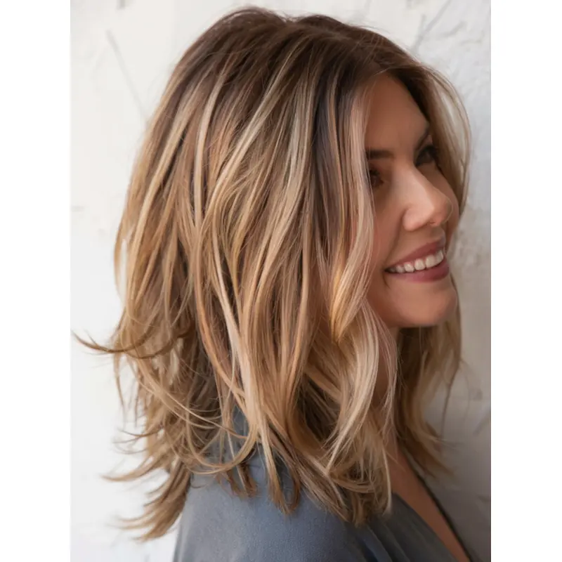 Medium Length Wigs Human Hair Monofilament 12" Wavy Layered Wigs