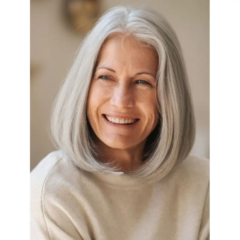 Silver Grey Wigs Bob Monofilament 10" Straight Remy Human Hair Wigs