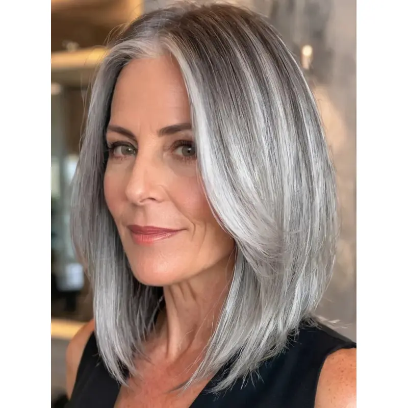 Medium Length Gray Wig Bobs Monofilament Synthetic Wigs