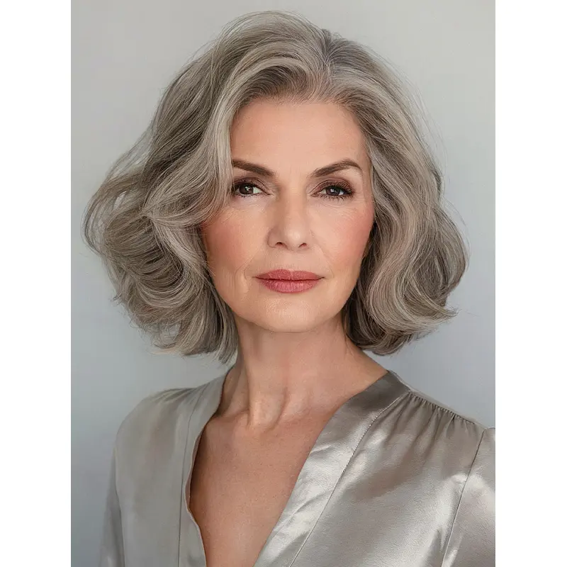 Grey Wig Bob 10" Wavy Layered Lace Front Synthetic Wigs